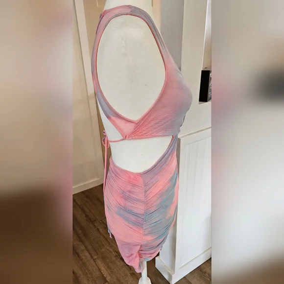 Lightly Worn- FASHION NOVA -Multi-colored Mesh Bodycon Sheath- Tie Back -Size S - Picture 2 of 5